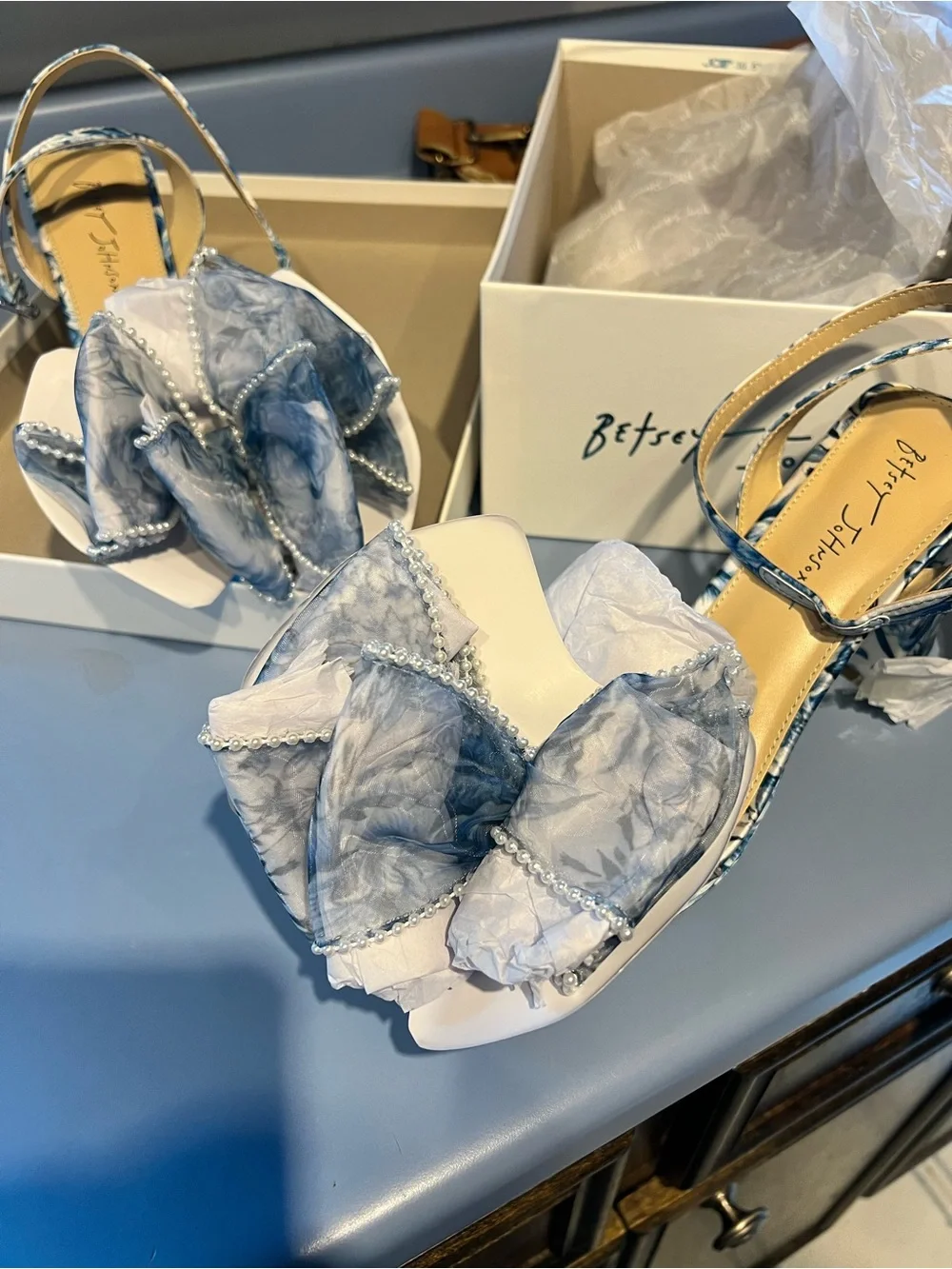 Betsey Johnson Blue Floral Bow Ankle-Strap Heels - Picture 4 of 5